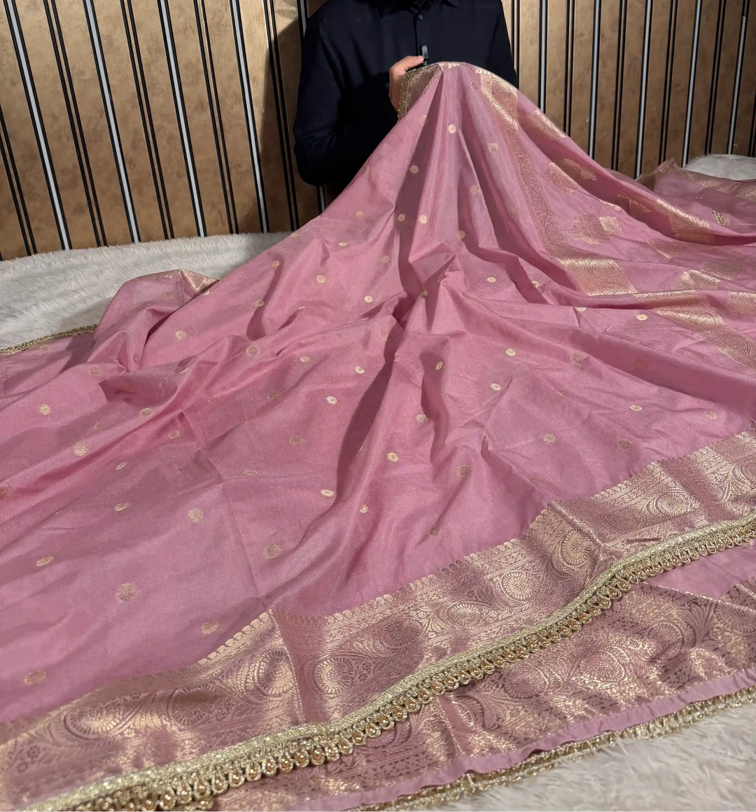 Rare Mauve Chinia Silk Premium Lace Attached Banarasi Saree