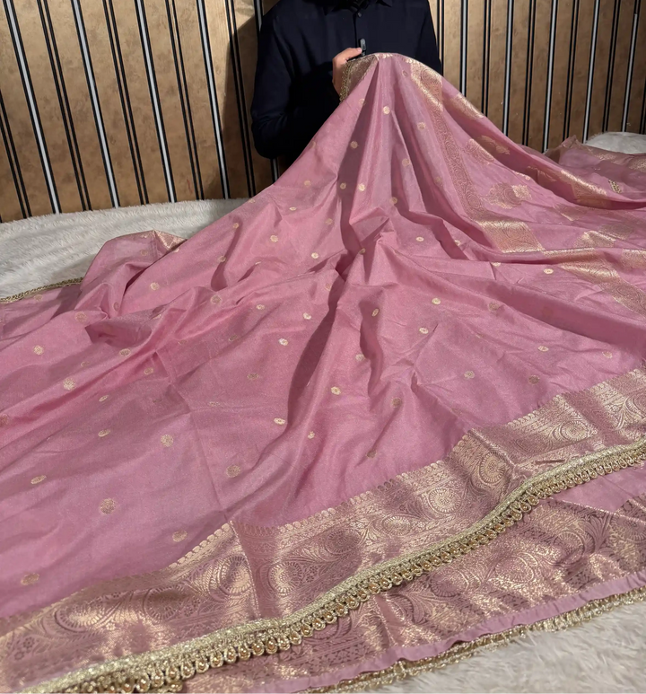 Rare Mauve Chinia Silk Premium Lace Attached Banarasi Saree