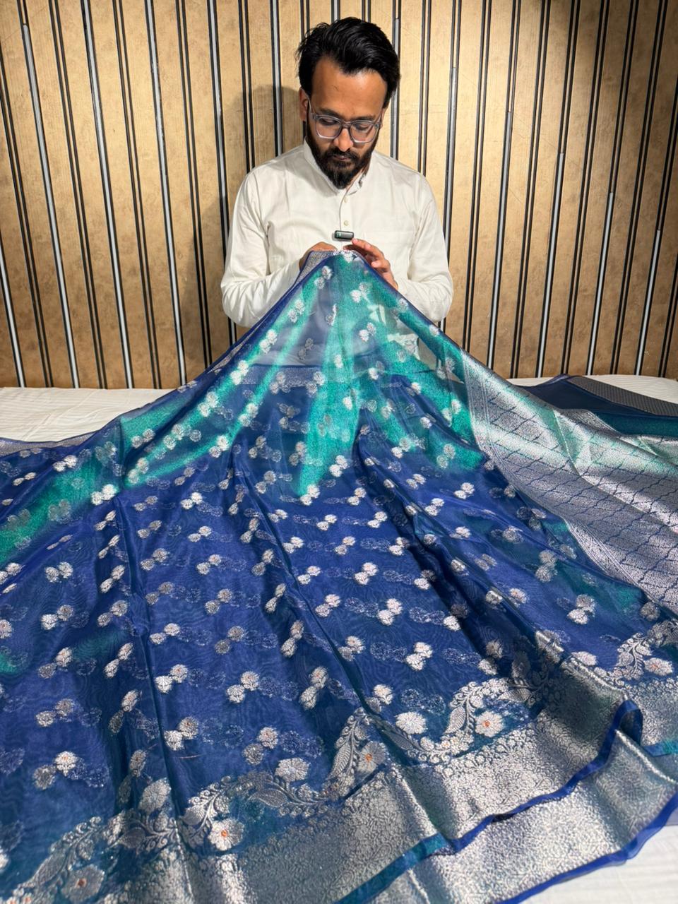 Rare Peacock Kora Tissue Silk Khaddi Buti Banarasi Saree 