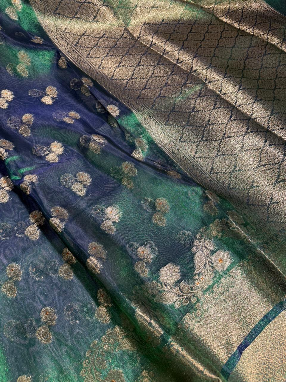 Rare Peacock Kora Tissue Silk Khaddi Buti Banarasi Saree 