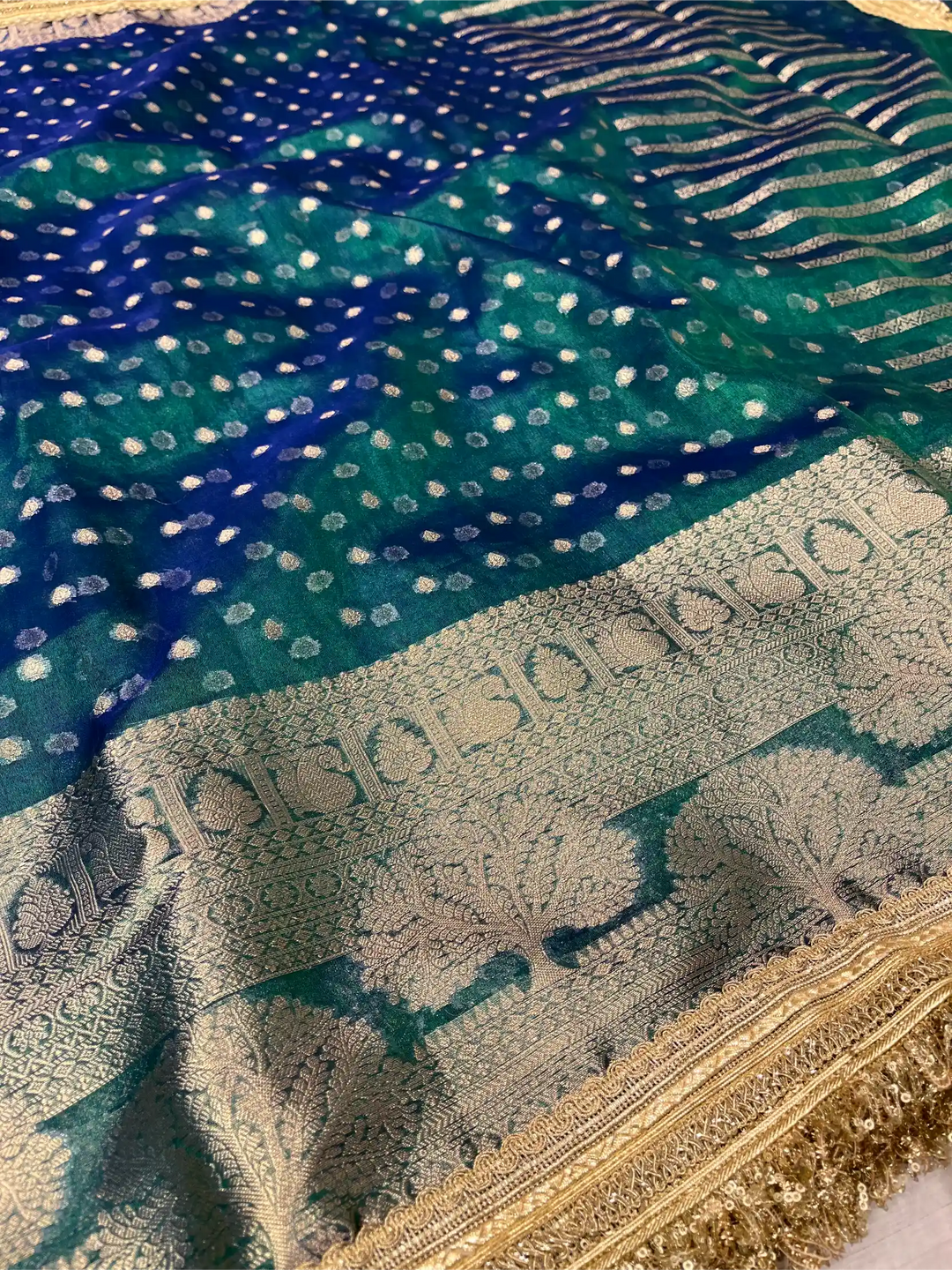 Rare Peacock Shade Tissue Silk Designer Lace Work Banarasi Saree