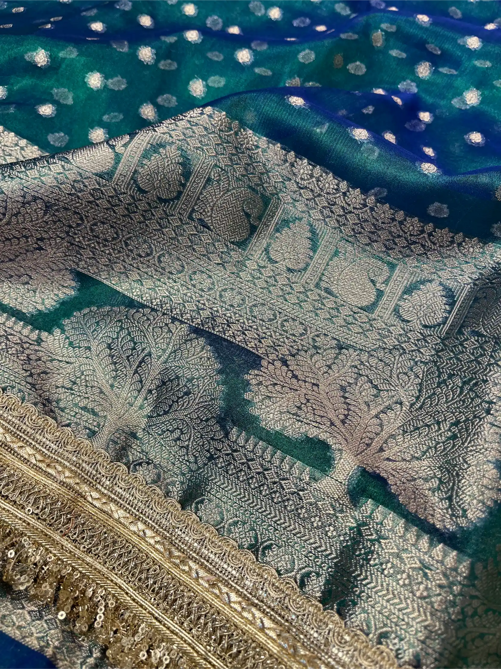 Rare Peacock Shade Tissue Silk Designer Lace Work Banarasi Saree