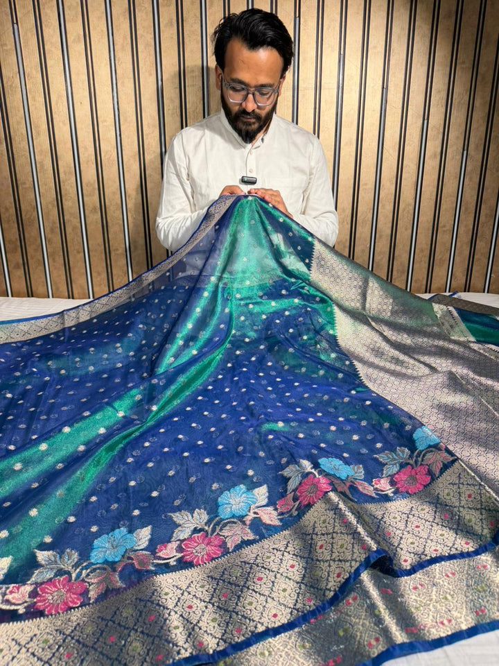 Rare Peacock Shade Tissue Silk Meenakari Banarasi Saree