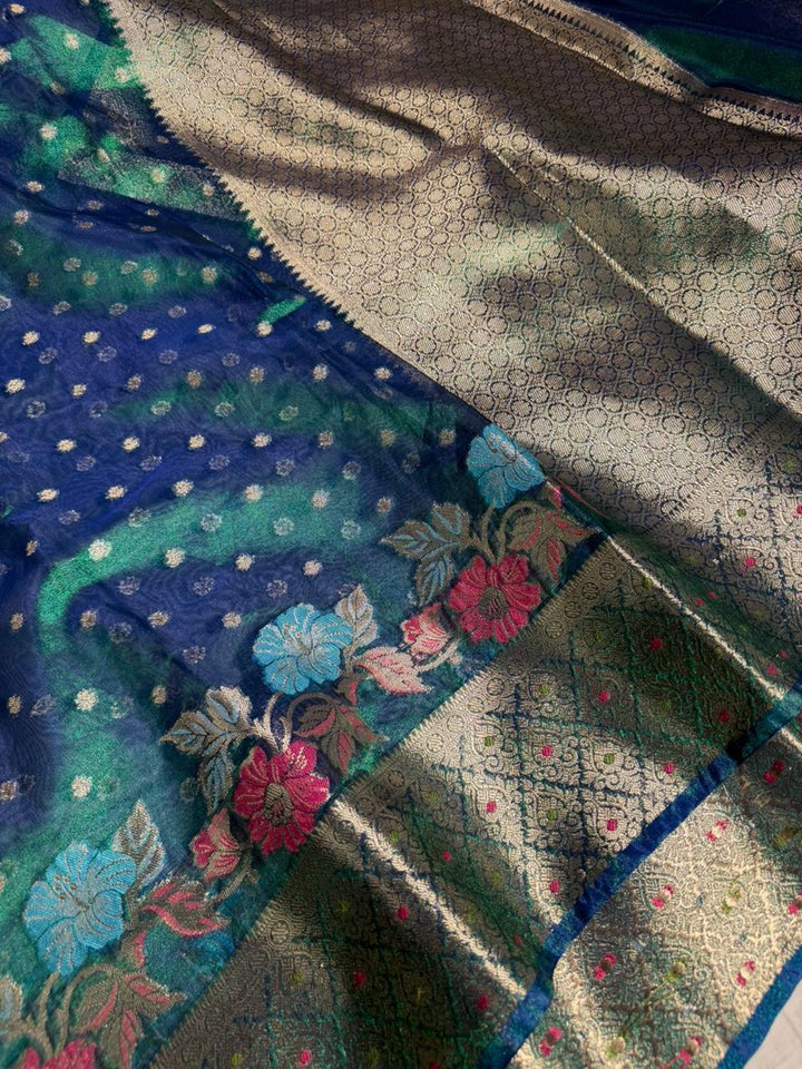 Rare Peacock Shade Tissue Silk Meenakari Banarasi Saree