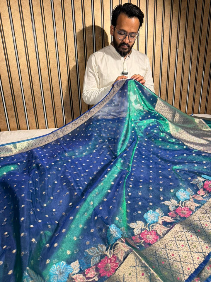 Rare Peacock Shade Tissue Silk Meenakari Banarasi Saree