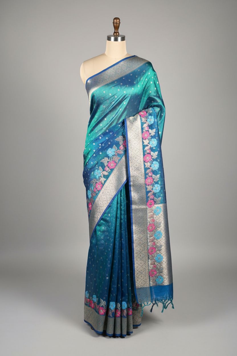 Rare Peacock Shade Tissue Silk Meenakari Banarasi Saree