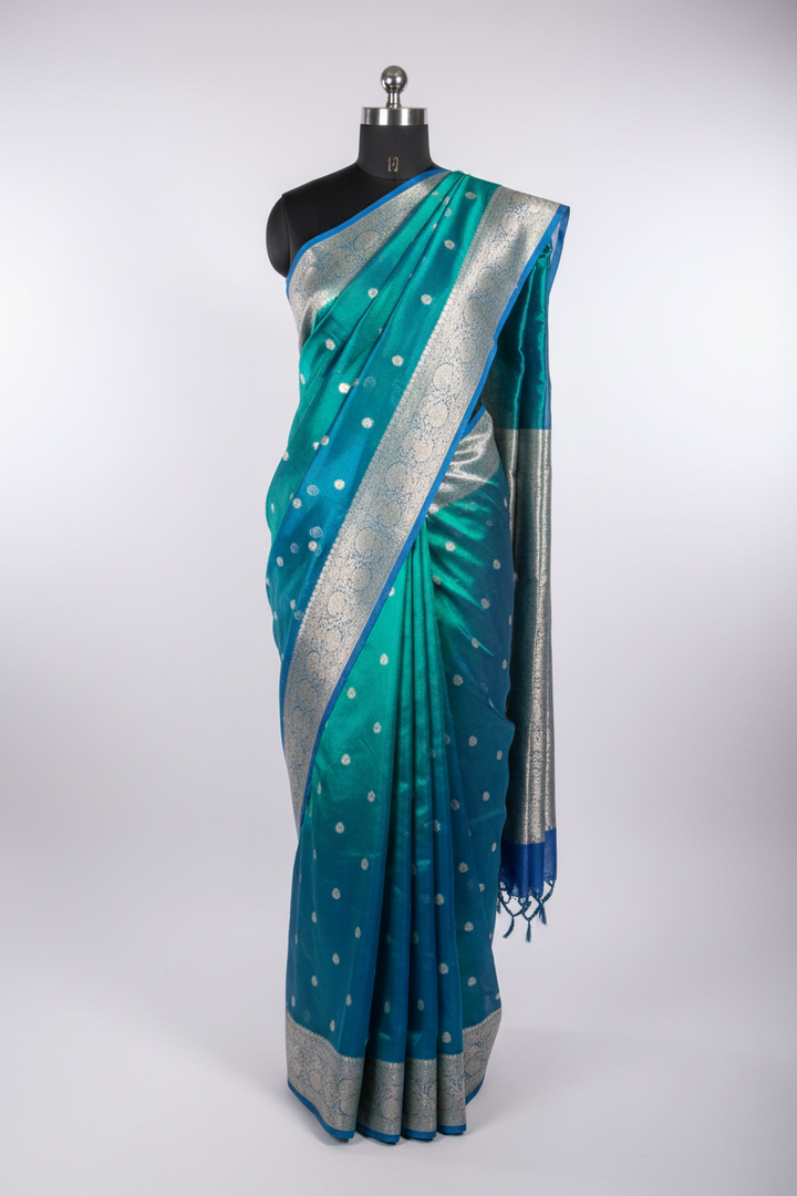 Rare Peacock Soft Tissue Silk Khaddi Buti Concept Banarasi Saree