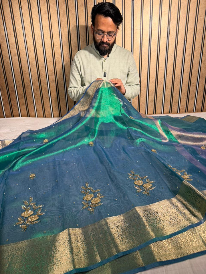 Rare Peacock Tissue Silk Handwork Banarasi Saree