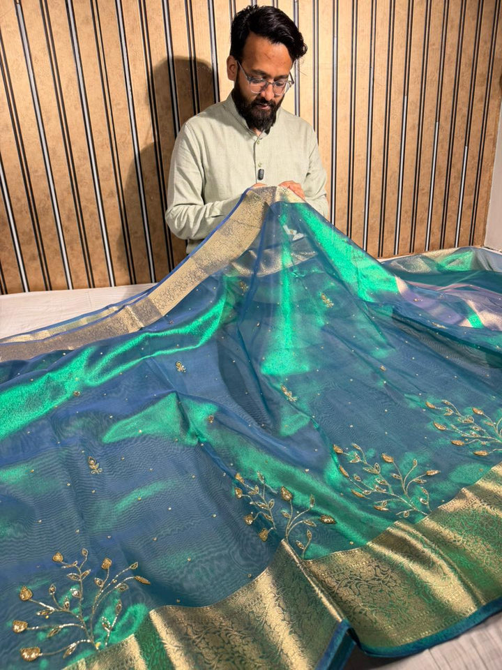 Rare Peacock Tissue Silk Handwork Banarasi Saree