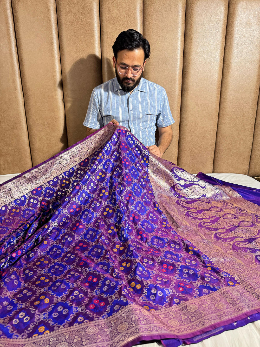 Deep Purple & Blue Shade Mashru Katan Silk Saree