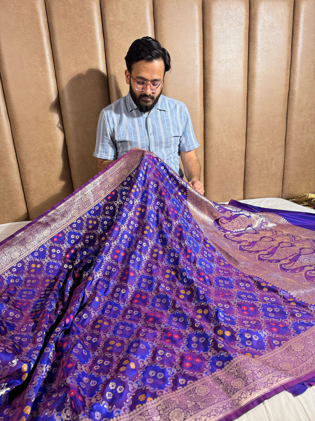 Deep Purple & Blue Shade Mashru Katan Silk Saree