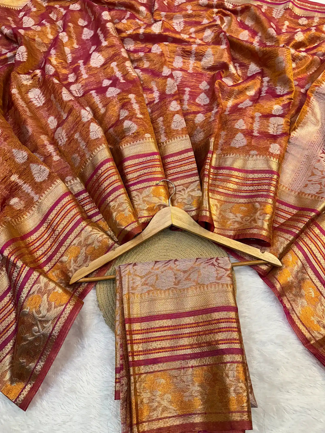 Rare Rusted Shade Crushed Tissue Silk Banarasi Saree