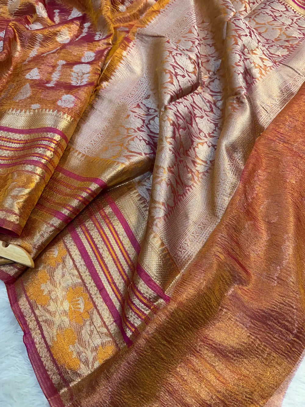 Rare Rusted Shade Crushed Tissue Silk Banarasi Saree