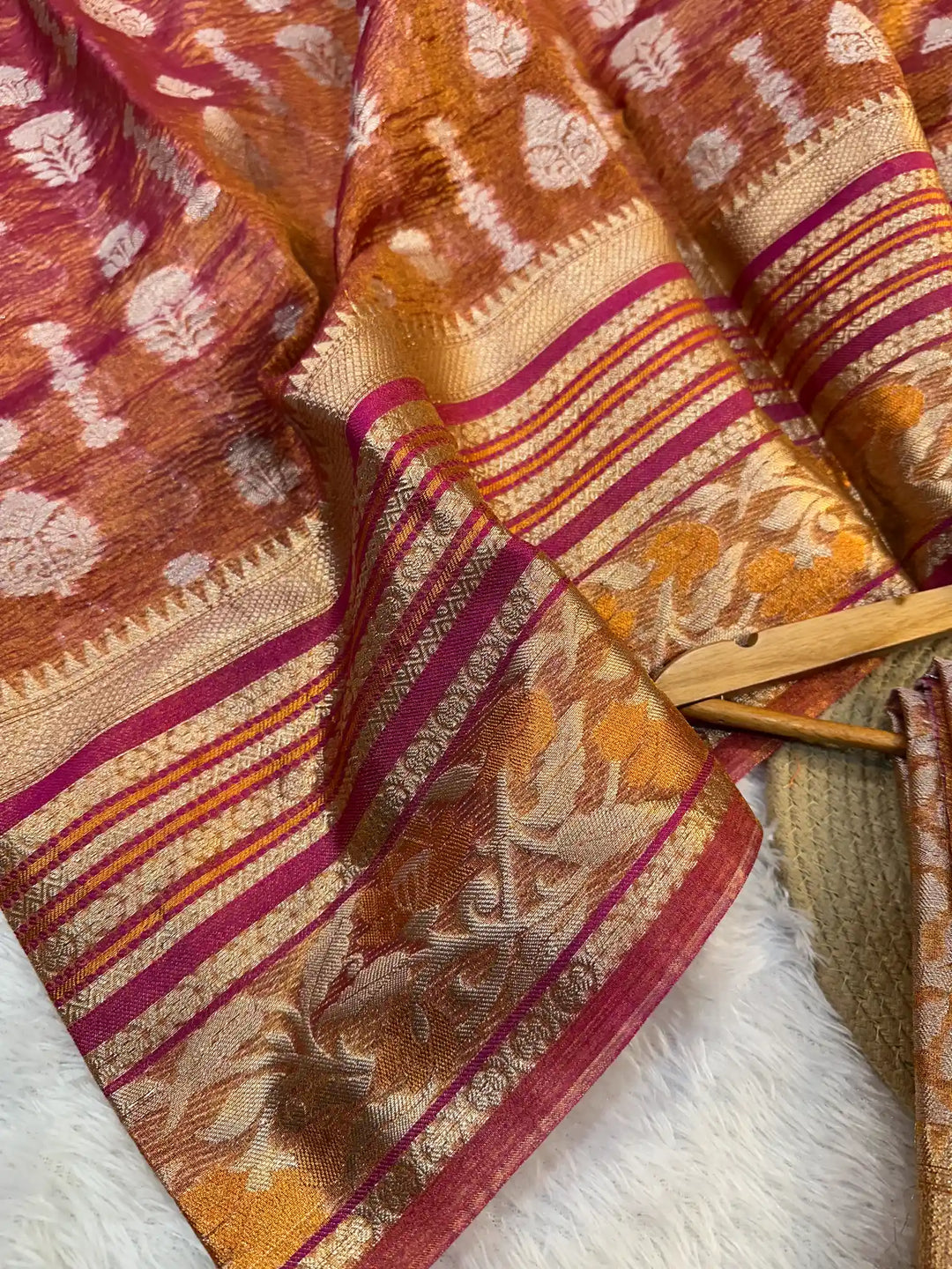 Rare Rusted Shade Crushed Tissue Silk Banarasi Saree