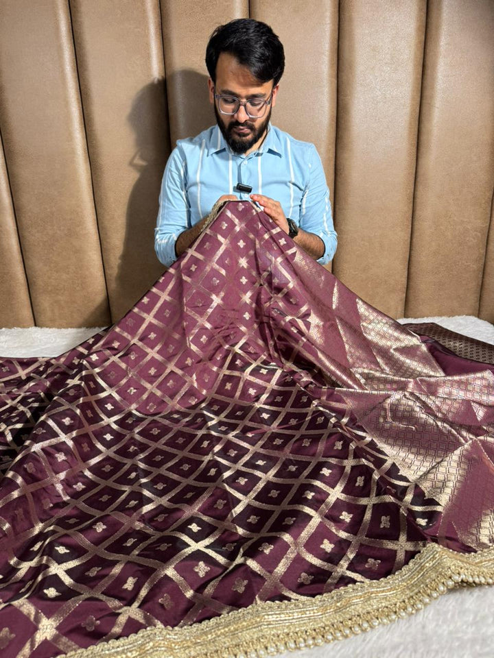Rare Wine Chinia Silk Checkered Designer Banarasi Saree