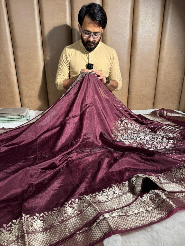 Rare Wine Crepe Chinia Silk Banarasi Saree