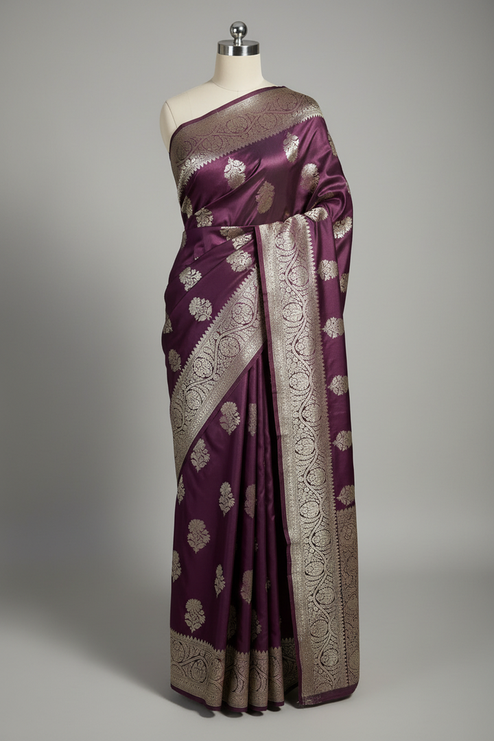 Rare Wine Mashru Katan Silk Heritage Banarasi Buta Weave Banarasi Saree