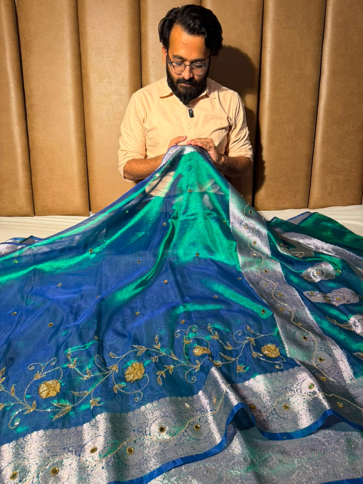 Rare Peacock Kora Tissue Intricate Handwork Banarasi Saree