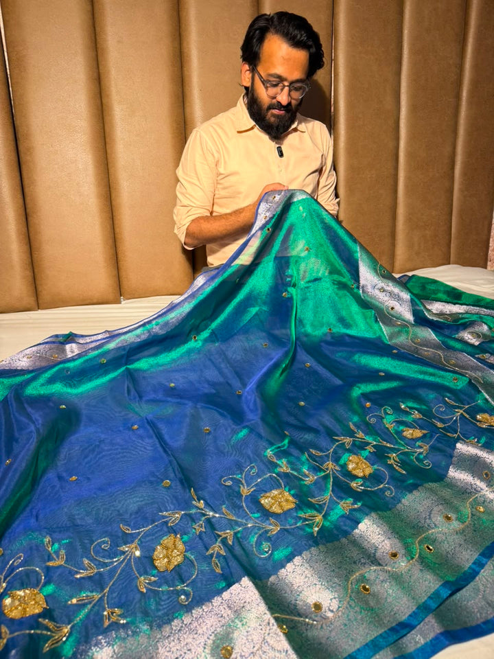 Rare Peacock Kora Tissue Intricate Handwork Banarasi Saree