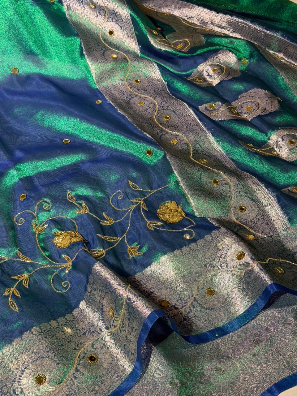 Rare Peacock Kora Tissue Intricate Handwork Banarasi Saree
