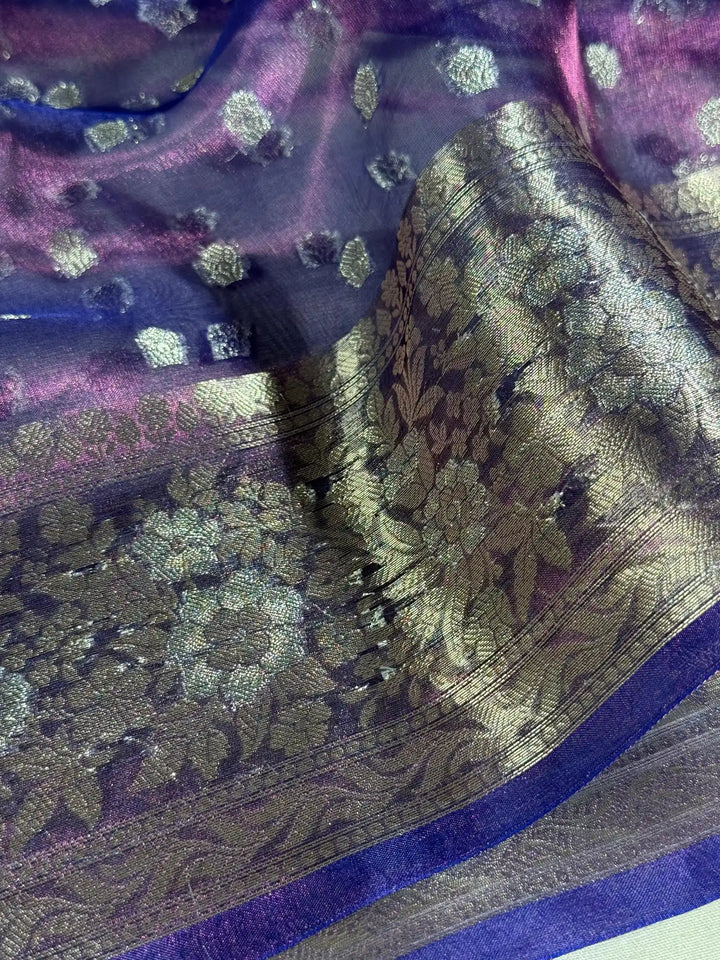 Baigani Pure Tissue Silk Contemporary Body Weave Banarasi Saree