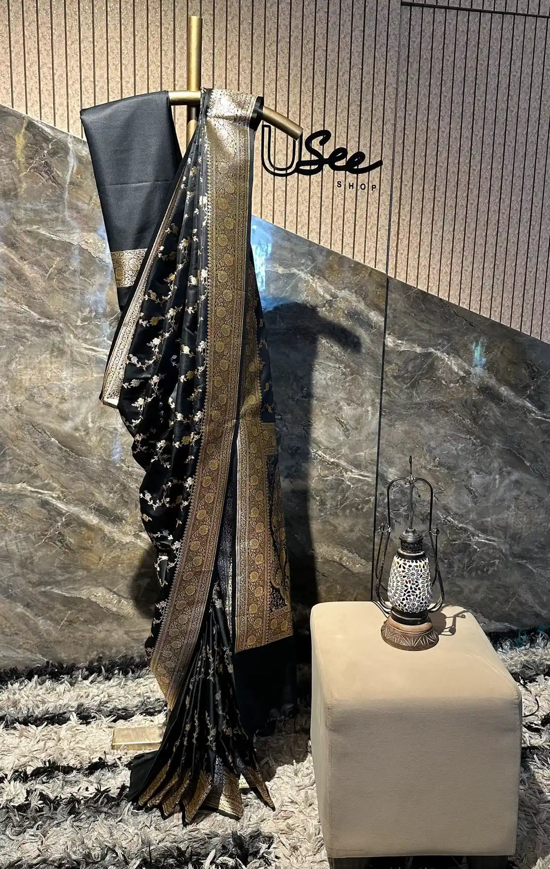 Ready To Wear Black Satin Silk Traditional Banarasi Saree