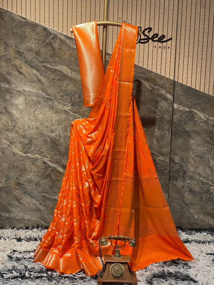 Ready To Wear Bright Orange Chinia Silk Exclusive Banarasi Saree