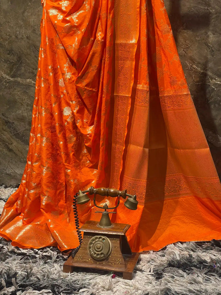 Ready To Wear Bright Orange Chinia Silk Exclusive Banarasi Saree