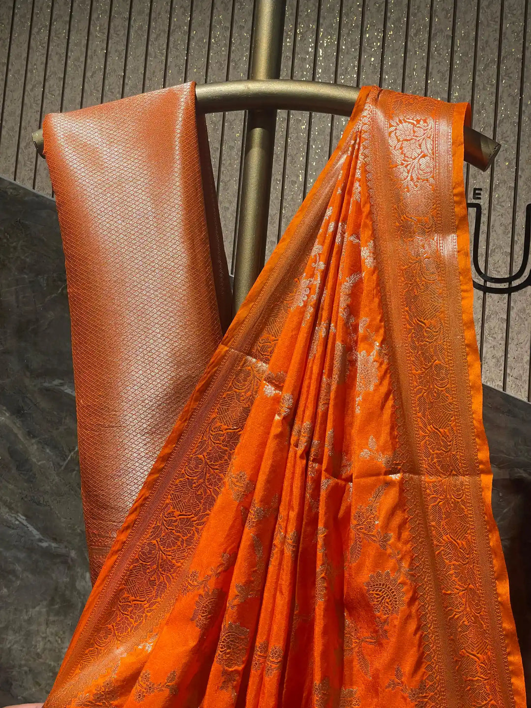 Ready To Wear Bright Orange Chinia Silk Exclusive Banarasi Saree