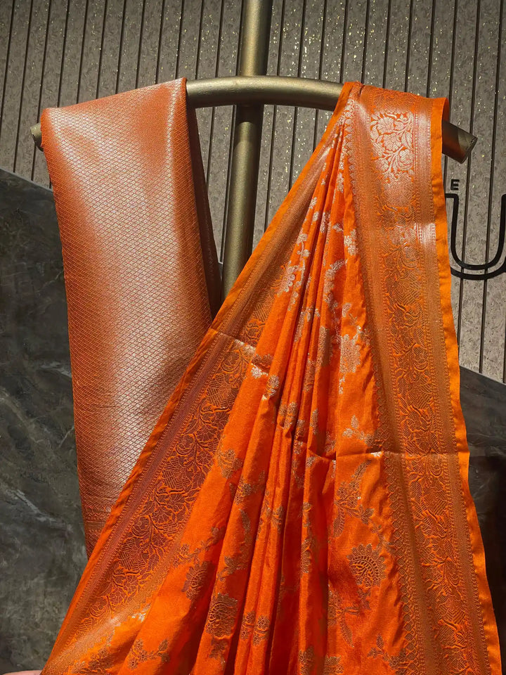 Ready To Wear Bright Orange Chinia Silk Exclusive Banarasi Saree