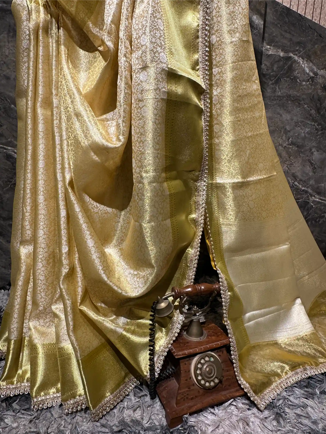 Ready To Wear Embossed Kanjivaram Gold Tissue Silk Designer Lace Work Banarasi Saree