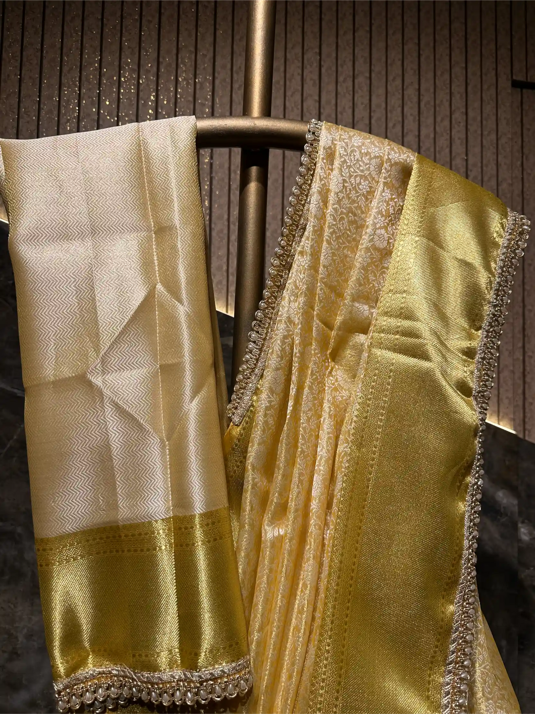 Ready To Wear Embossed Kanjivaram Gold Tissue Silk Designer Lace Work Banarasi Saree