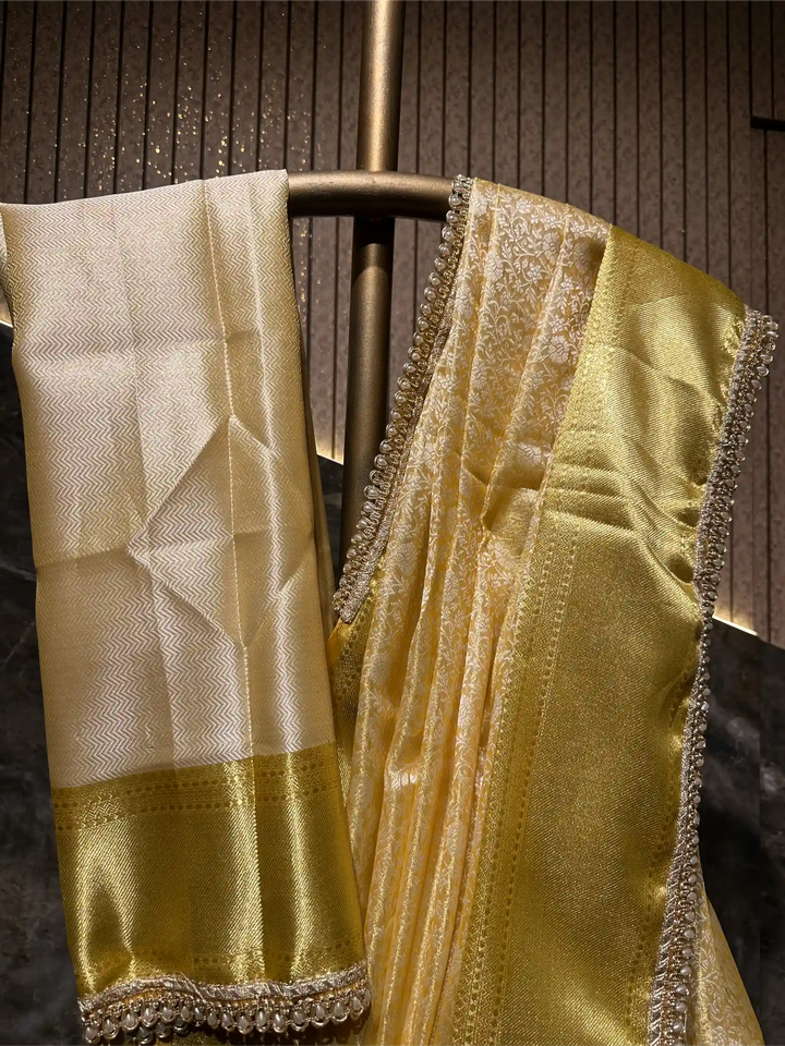 Ready To Wear Embossed Kanjivaram Gold Tissue Silk Designer Lace Work Banarasi Saree