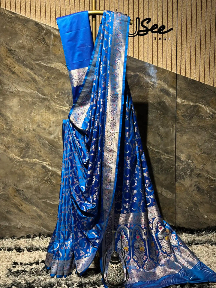 Ready To Wear Firozi Blue Mashru Silk Meenakari Saree