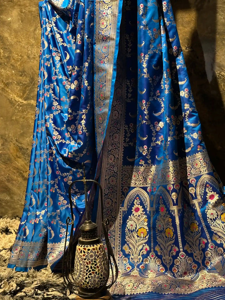 Ready To Wear Firozi Blue Mashru Silk Meenakari Saree
