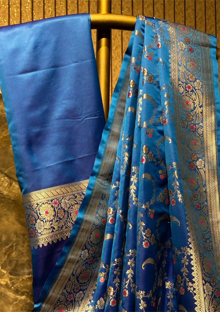Ready To Wear Firozi Blue Mashru Silk Meenakari Saree