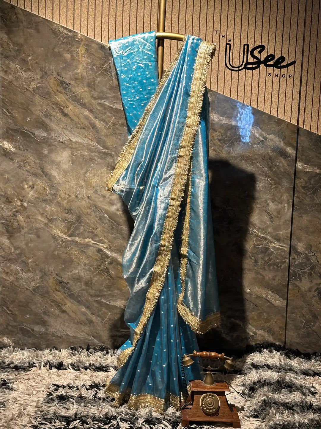 Ready To Wear Firozi Tissue Silk Designer Saree