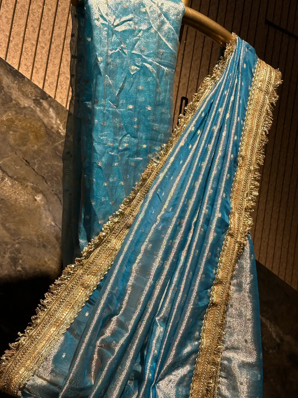 Ready To Wear Firozi Tissue Silk Designer Saree