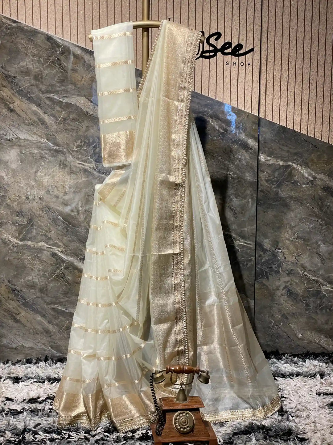 Ready To Wear Ivory Kora Banarasi with Premium Lace Work 