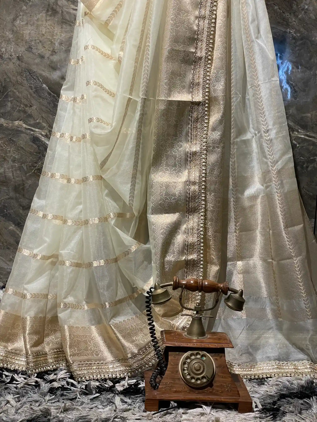 Ready To Wear Ivory Kora Banarasi with Premium Lace Work 