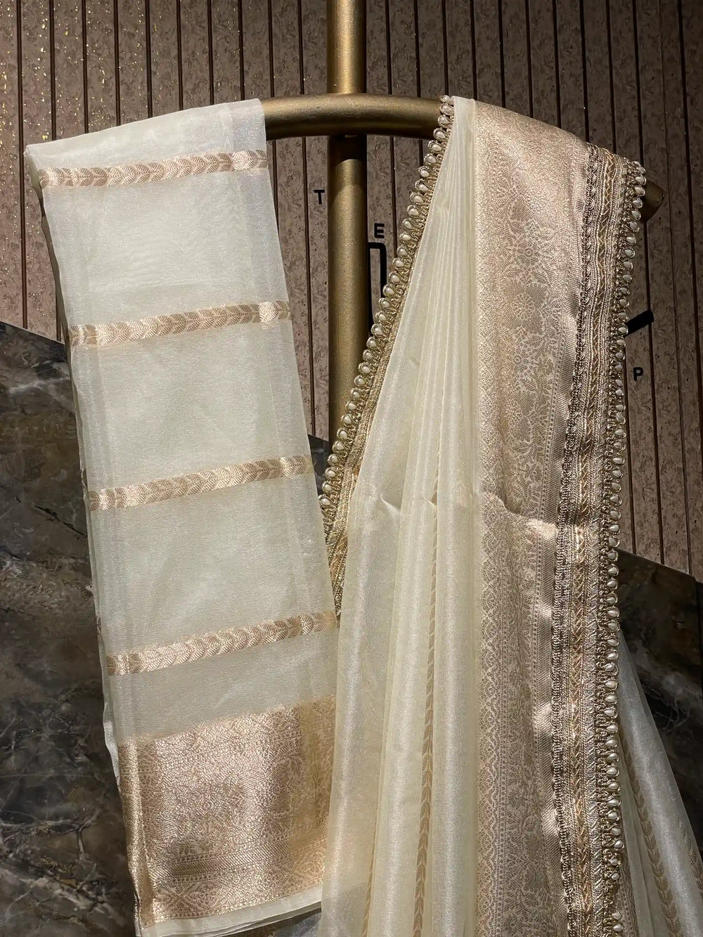 Ready To Wear Ivory Kora Banarasi with Premium Lace Work 