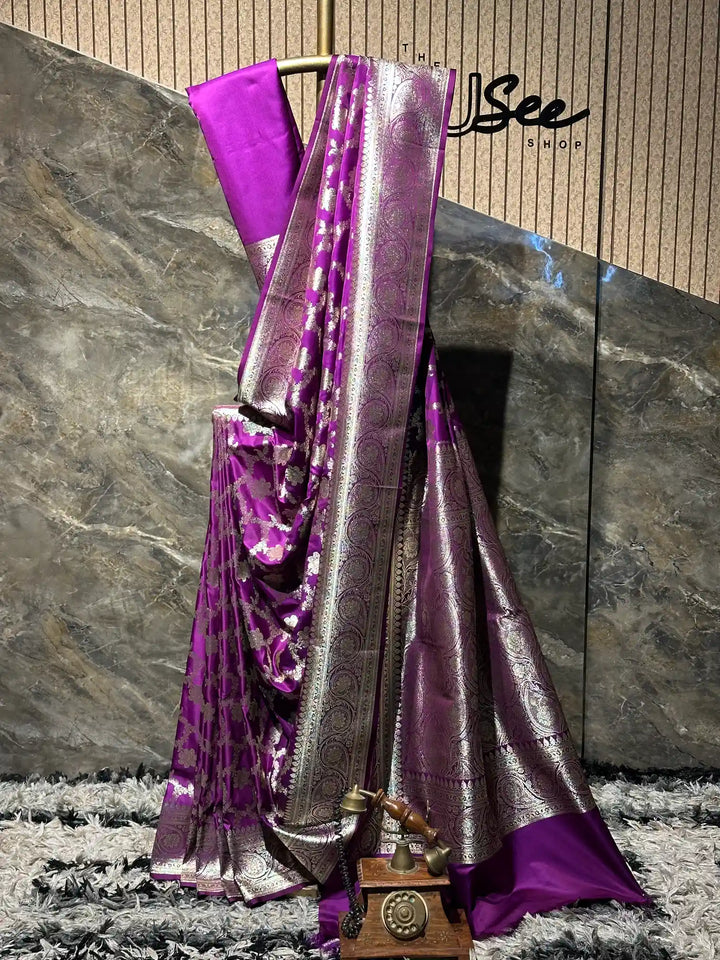 Ready To Wear Majenta Satin Silk Banarasi Saree