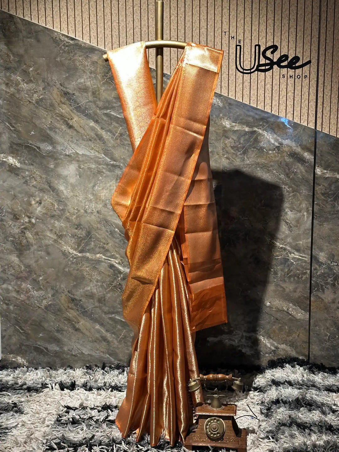 Ready To Wear Metallic Orange Kanjivaram Tissue Saree
