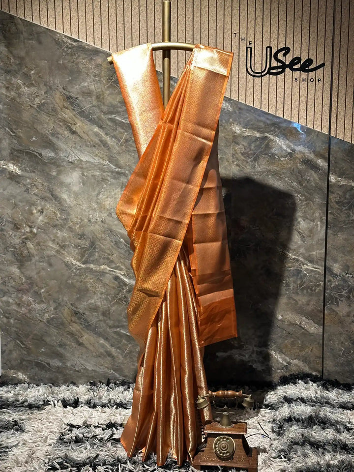 Ready To Wear Metallic Orange Kanjivaram Tissue Saree