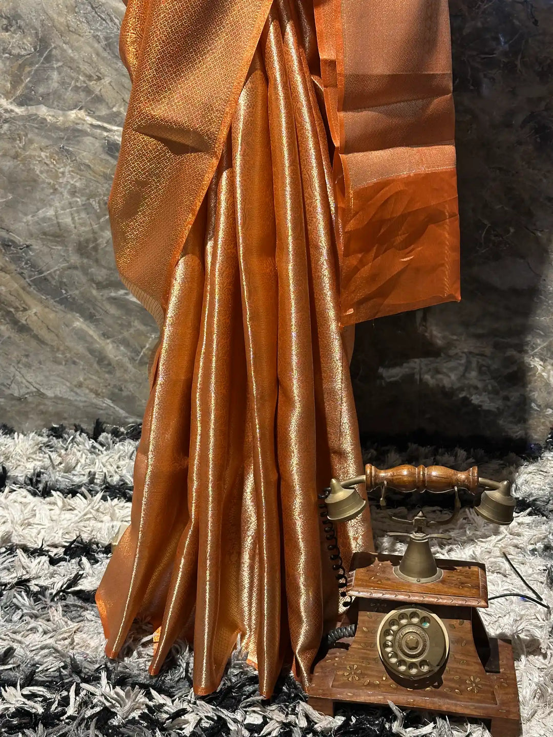 Ready To Wear Metallic Orange Kanjivaram Tissue Saree