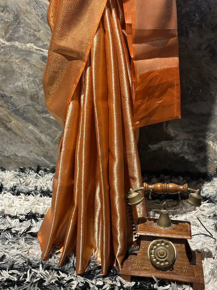 Ready To Wear Metallic Orange Kanjivaram Tissue Saree