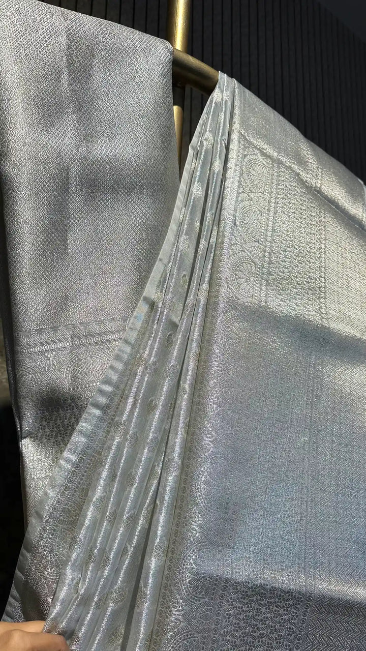 Ready To Wear Pretty Silver Tissue Silk Banarasi Saree