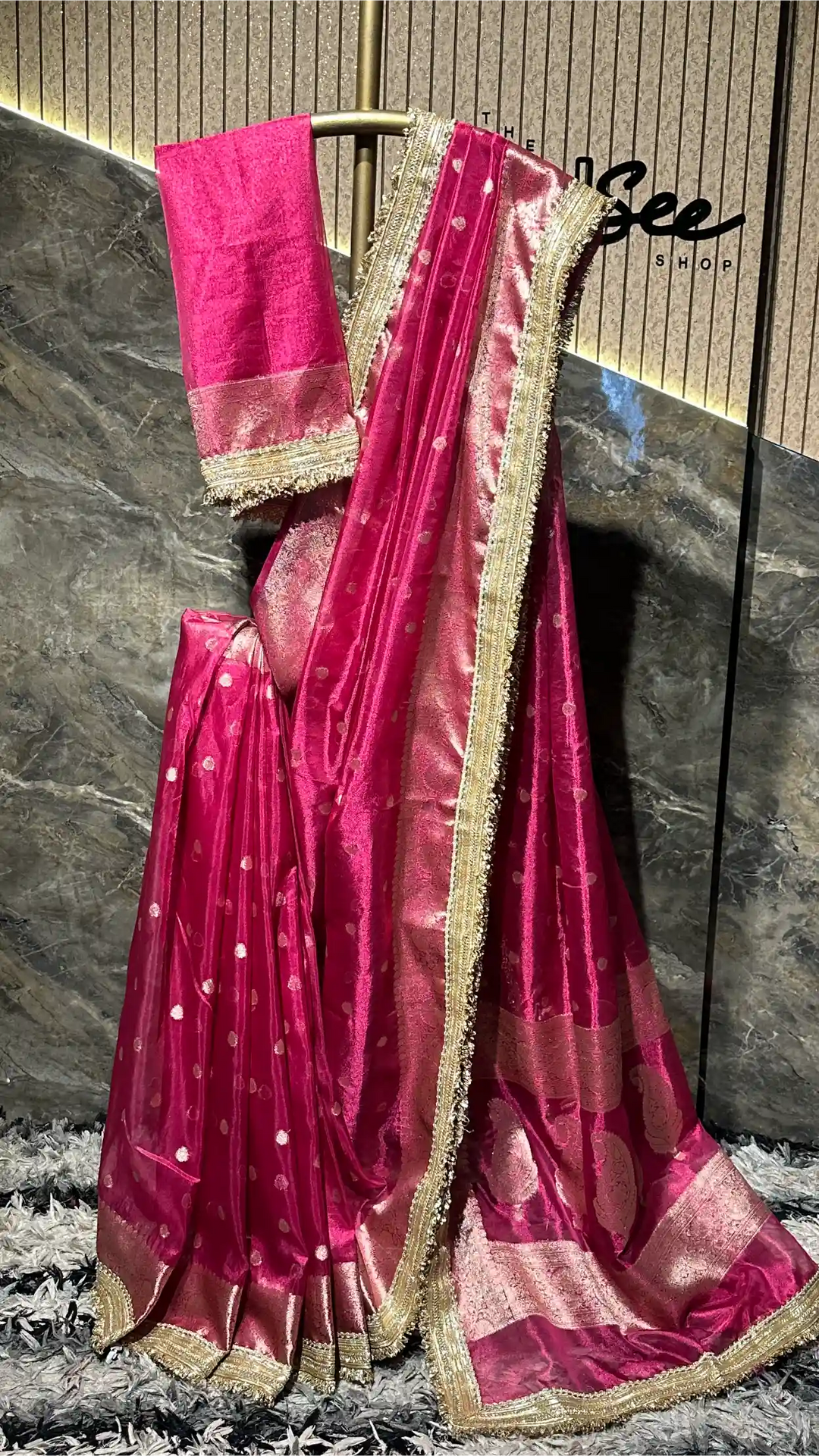 Ready To Wear Rani Pink Tissue Designer Lace Work Banarasi Saree 