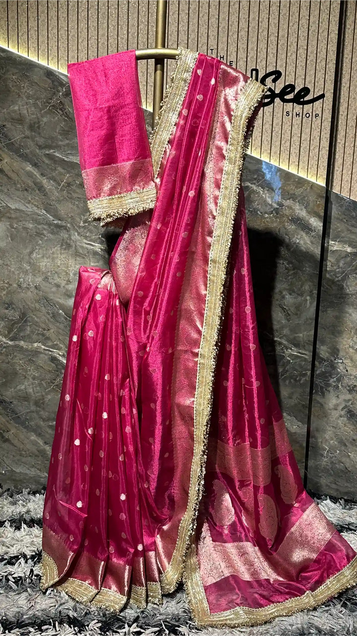 Ready To Wear Rani Pink Tissue Designer Lace Work Banarasi Saree 