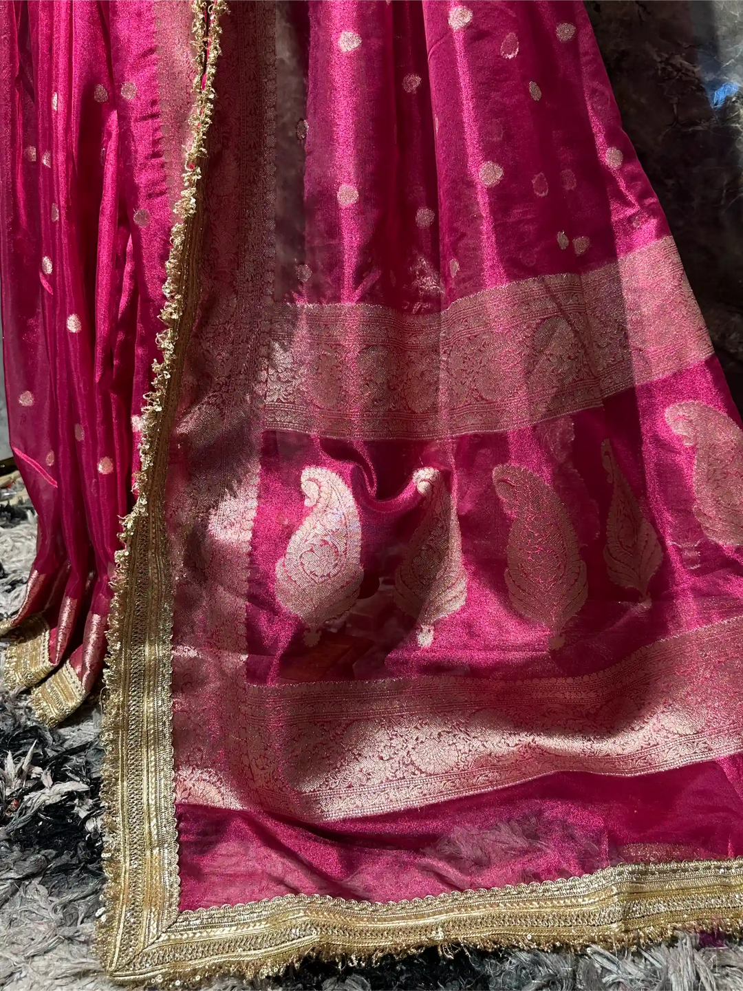 Ready To Wear Rani Pink Tissue Designer Lace Work Banarasi Saree